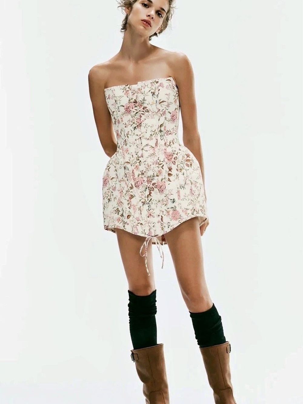 Zara Inspire Floral Print Strapless Dress Floral Mini Dress in White & Pink - M